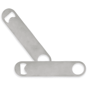 A drink bottle opener made of stainless steel with two bottle-opening ends and a sleek, minimalist design.