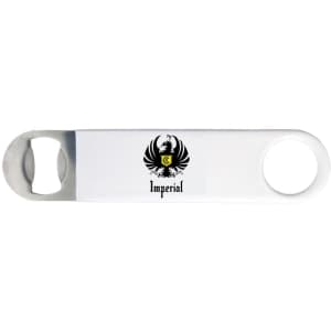 A drink bottle opener in white with a metal opener and a logo featuring a bird emblem.