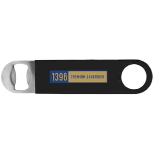 A drink bottle opener in black, featuring a stainless steel opener and a logo.