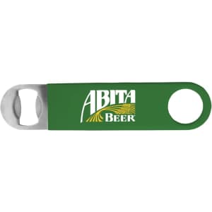 A green bottle opener with a stainless steel cap lifter and a logo printed on its handle.