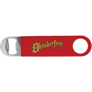 A drink bottle opener in red with a metal bottle-opening end, featuring a logo on the handle.