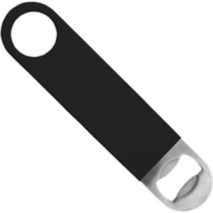 A drink bottle opener in black, featuring a metal top for opening caps and a circular handle.