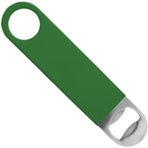 A green vinyl bottle opener with a metal top for removing bottle caps. Simple and sleek design.