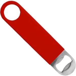 A drink bottle opener with a red handle and stainless steel end, featuring a logo.