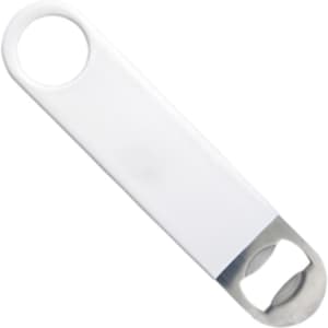 A drink bottle opener in white plastic with a stainless steel opening end. Features branding on the design.