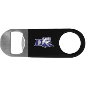A drink bottle opener in black vinyl with a stainless steel end and a logo on one side.