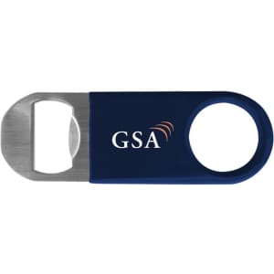 A drink bottle opener in navy blue with a stainless steel edge and a logo on one side.