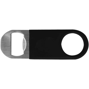 A drink bottle opener featuring a stainless steel end with a black vinyl handle and a circular hole for easy grip.