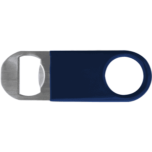 A drink bottle opener featuring a navy blue vinyl handle with a stainless steel opener and a circular ring.