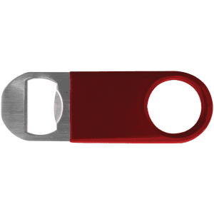 A drink bottle opener featuring a red vinyl handle and a stainless steel opener, with a logo on the handle.