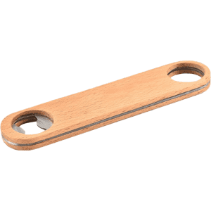 A bamboo bottle opener with two holes and a sleek, natural wooden finish. It features a subtle logo.
