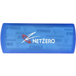 A blue bandage dispenser with a logo, featuring a smooth surface and a rectangular shape.
