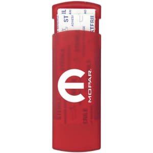 A red bandage dispenser featuring a white logo and containing bandages inside.