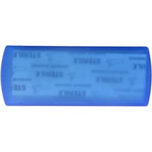 A blue bandage dispenser with a smooth surface and rounded edges, featuring a logo or branding on it.