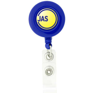A round badge holder in blue with a white clip and a circular logo at the top.