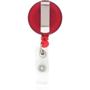 A red round badge holder with a silver clip and a clear strap.