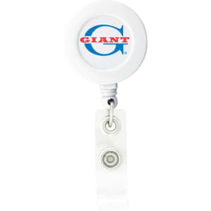 A round white badge holder featuring a visible logo, with a retractable clear strap for attaching badges.