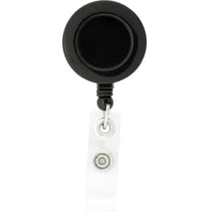 A round black badge holder with a clear retractable strap and metal clip. Features a logo on the front.