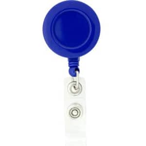 A round badge holder in blue with a retractable clear strap for attaching badges or ID cards.
