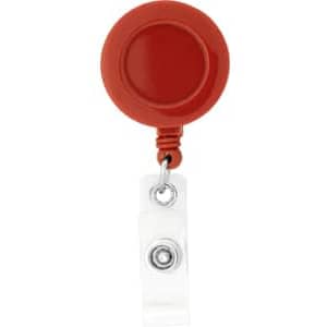 A round red badge holder with a clear retractable cord and a clip attachment.