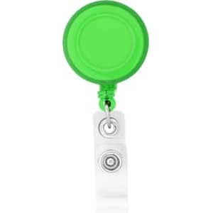 A round badge holder in bright green with a clear strap and a metallic clip at the bottom.