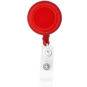 A red round badge holder with a retractable cord and a clear clip for attachment.