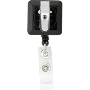 A black rectangle badge holder with a silver clip and a clear retractable strap.