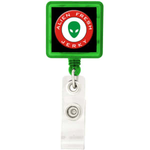 A green rectangle badge holder with a clear clip and a logo inside.