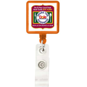 A rectangle badge holder in orange and clear, featuring a logo and a clip for attachment.