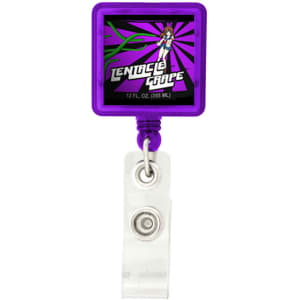 A rectangular badge holder in purple with a clear strap, featuring a logo on the front.