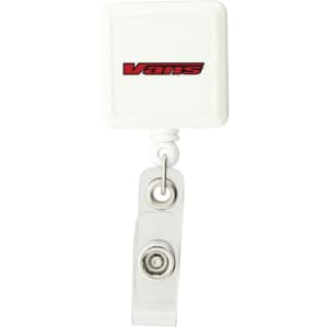 A rectangular white badge holder with a clear clasp and a logo in red on the front.