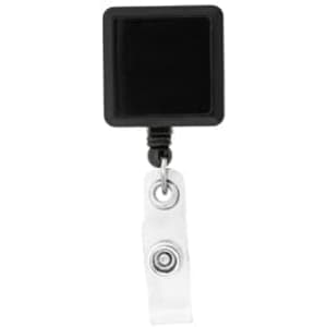 A rectangular black badge holder with a clear retractable strap and a metal clip for attachment.