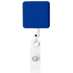 A square blue badge holder with a clear retractable strap and a snap button attachment.