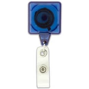 A rectangular badge holder in blue with a white retractable strap. It features a logo on the front.