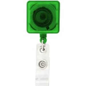 A green rectangle badge holder with a retractable reel and a clear clip for attaching to clothing.