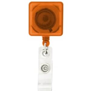 An orange rectangle badge holder with a retractable reel and a clear metal clip for attachment.