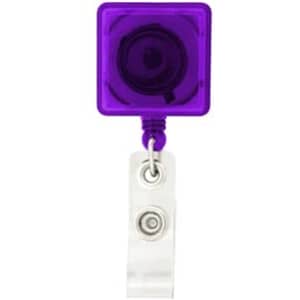 A purple rectangle badge holder with a clear clip and a round reel for easy attachment.