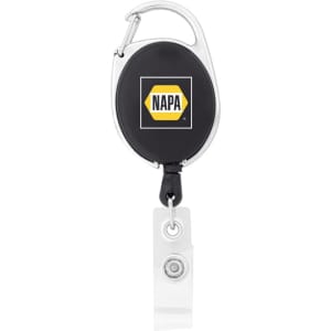 A retractable badge holder in black with a silver clip and clear strap, featuring a logo on the front.