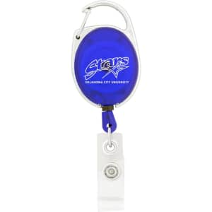 A blue retractable badge holder with a metal clip and a clear plastic attachment for badges. It features a logo.