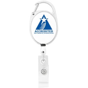 A retractable badge holder in white and silver, featuring a logo and a clip for attachment.