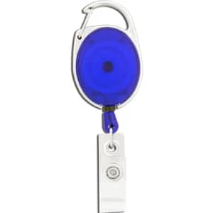A retractable badge holder in blue with a silver clip and a clear plastic strap. It features a branding logo.