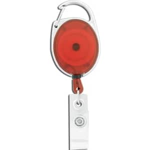 A retractable badge holder in red with a silver clip and reel, featuring a round design for easy access.