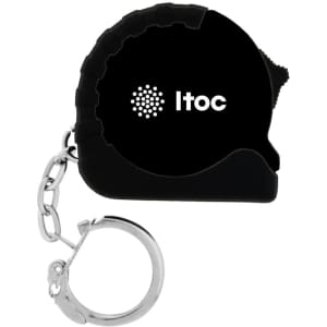 A small black mini tape measure with a keychain attachment and a logo.