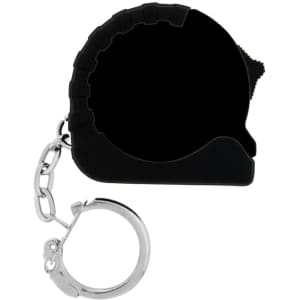 A black mini tape measure with a silver keychain attachment. The product has a rounded, compact design.