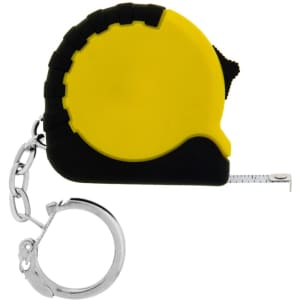A mini tape measure in yellow and black, featuring a keychain attachment for portability.