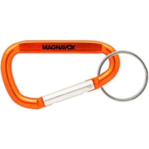 An orange 60mm carabiner with a metal keyring attachment and a logo on it.