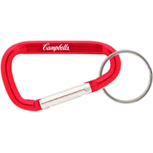 A red 60mm carabiner with a silver keyring and a logo.