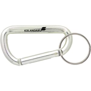 A silver 60mm carabiner with a keyring attachment and a logo.