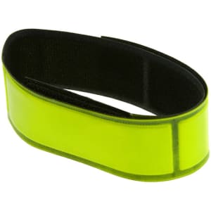 A reflective wrist band in bright yellow with a black adjustable strap and an attached brand logo.
