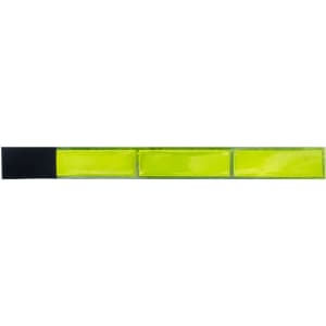 A reflective wristband in vibrant yellow with a black velcro attachment. It features three reflective sections.